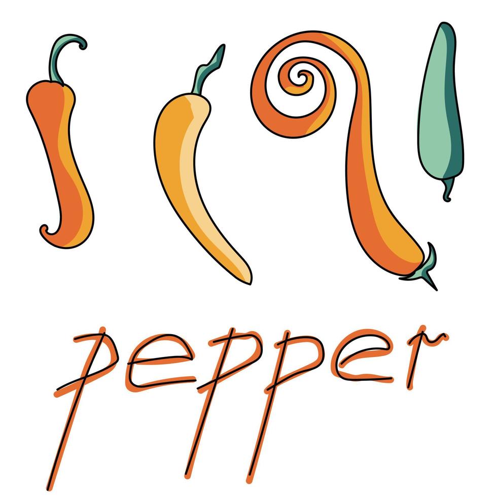 Set of doodle peppers, cute vector illustration, red and green hot pepper and the inscription pepper