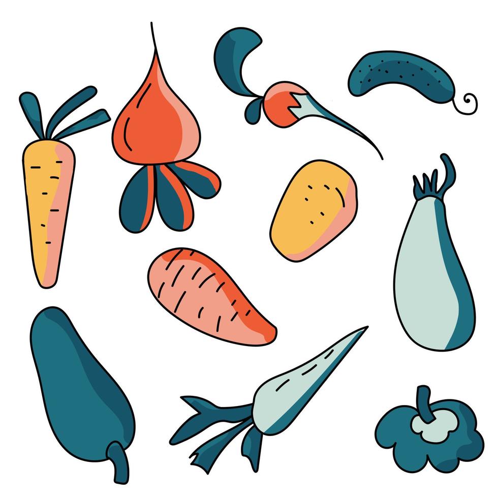 Set of cute doodle vegetables, vector hand draw illustration, colored harvest objects