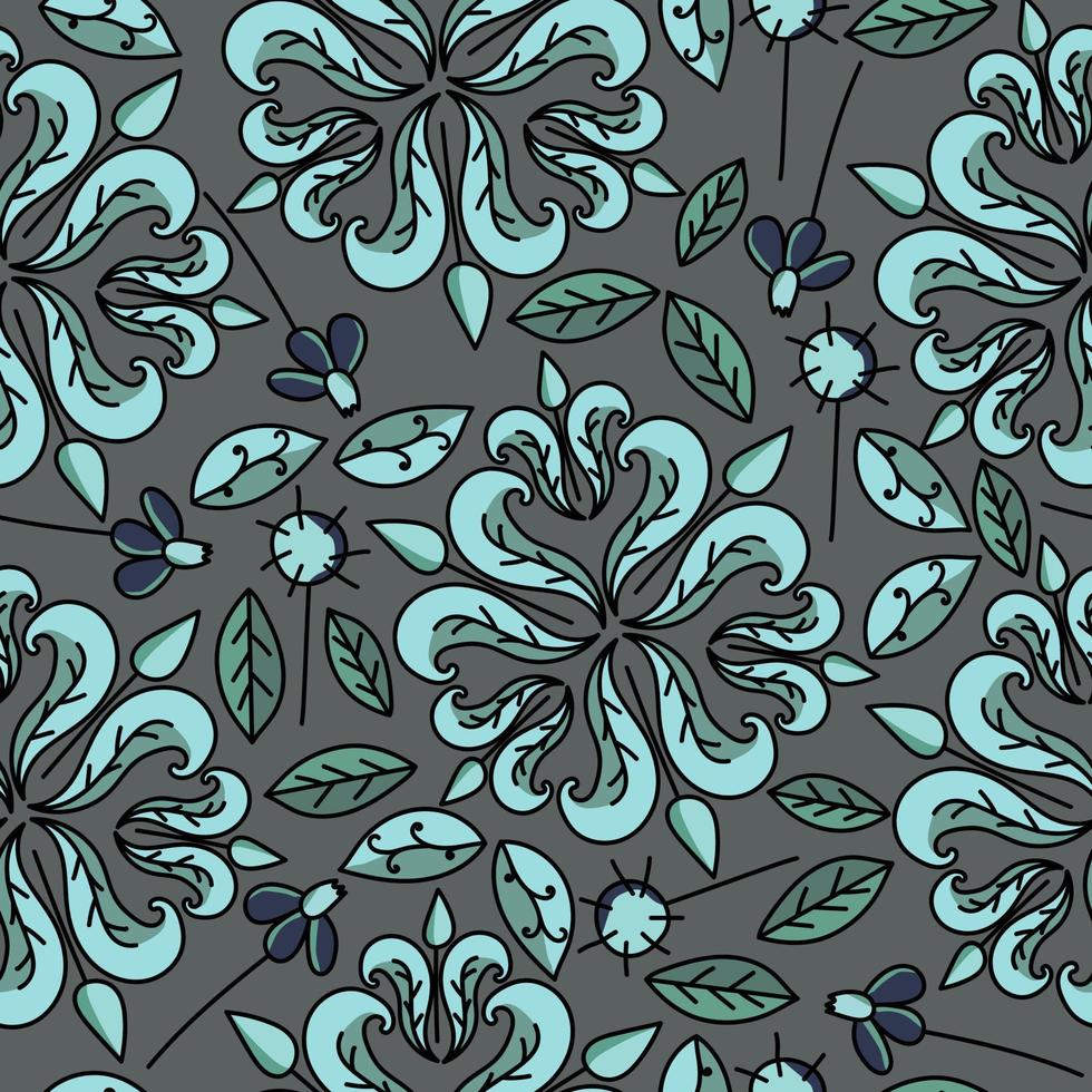 patrón sin costuras de garabato con hojas y flores en el círculo, ilustración vectorial dibujada a mano sobre fondo gris con elementos azules y verdes vector