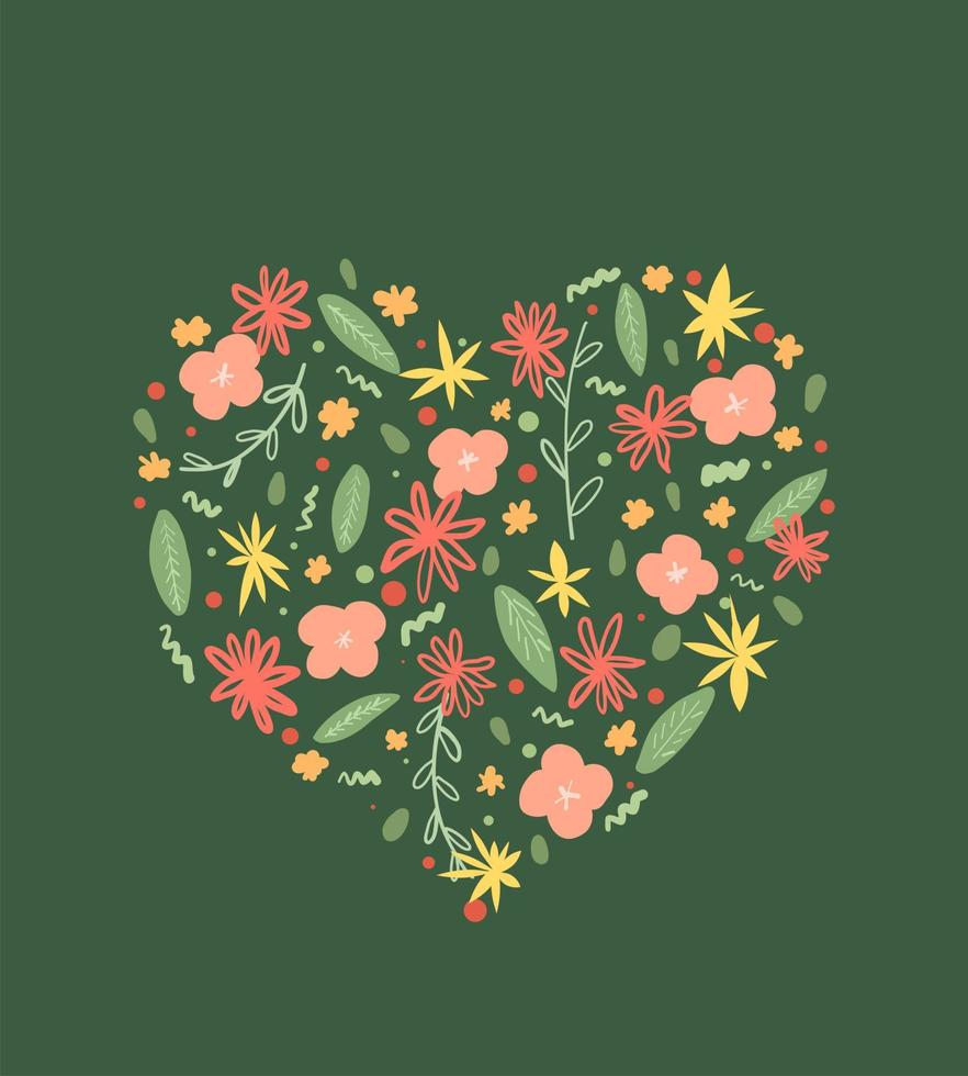 Heart logo made from flowers and plants. Postcard for loved ones. vector