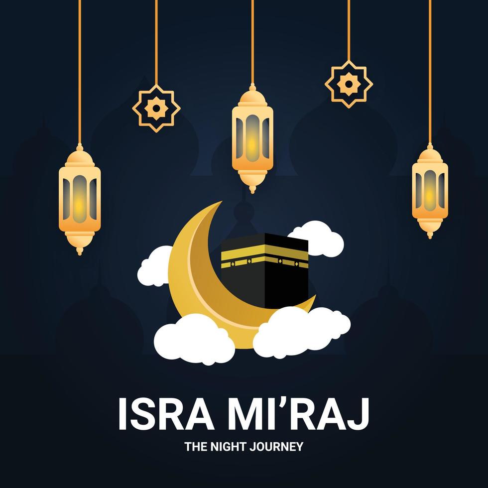feliz día de isra mi'raj ilustración con luna, kabah, nube y linterna. vector