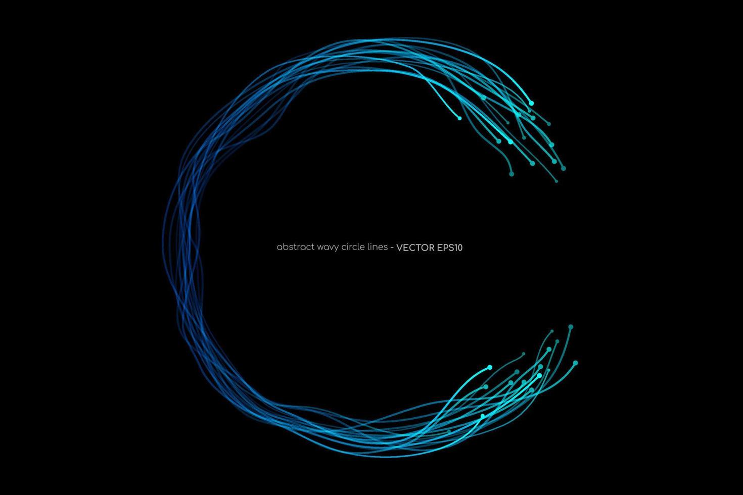 Abstract wavy dynamic blue light lines circle swirl round frame isolated on black background in concept technology, neural network, neurology, science, music. vector