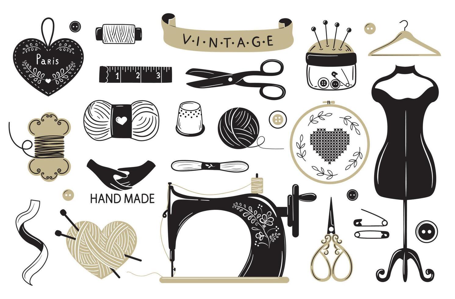 Needlework concept. Various sewing tools. Needles, scissors, yarn, sewing machine, spools, threads, etc. Hand drawn vector set. Cartoon style, flat design. All elements are isolated