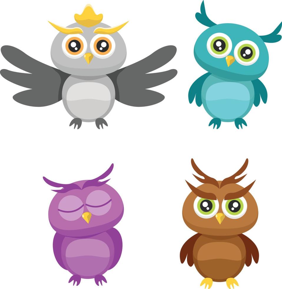 linda colección de búhos. coloridas pegatinas de búho amigables. divertido animal alegre bosque o zoológico pájaros, ternura personajes cómicos dibujos animados vector aislado conjunto premium vector