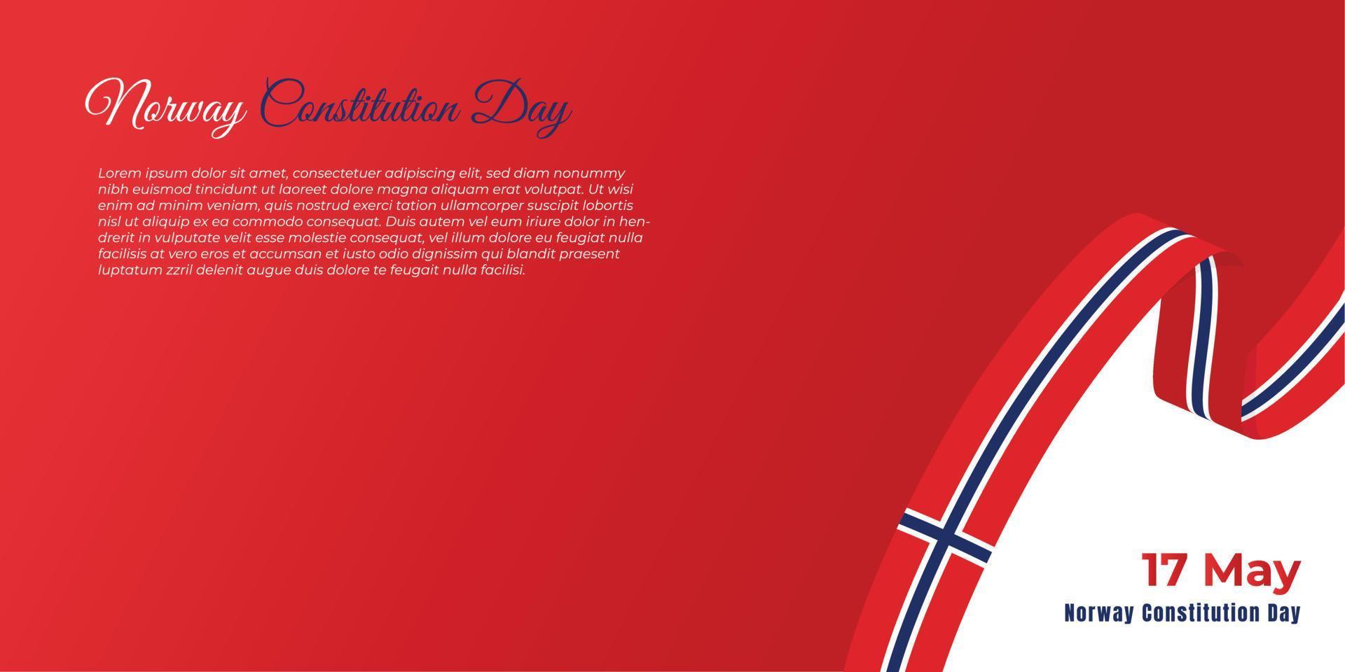 diseño del día de la constitución de noruega con bandera de cinta noruega voladora y fondo rojo. vector