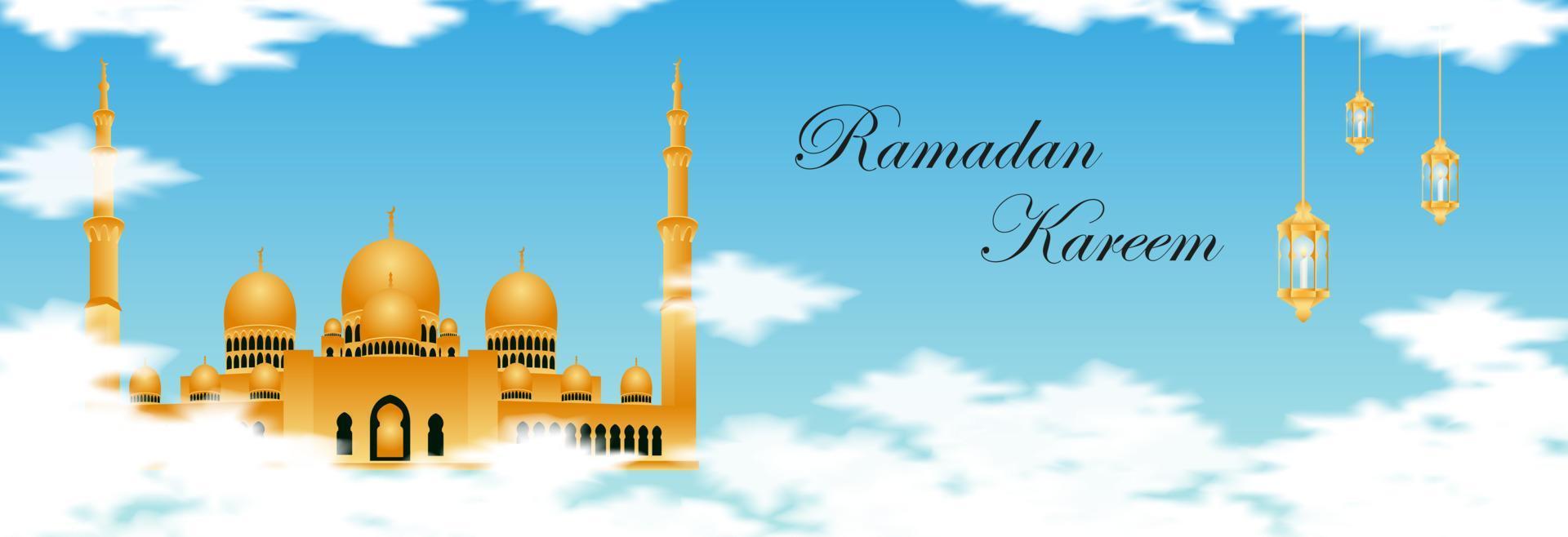 golden mosque in the sky for ramadan and eid mubarak by vector design