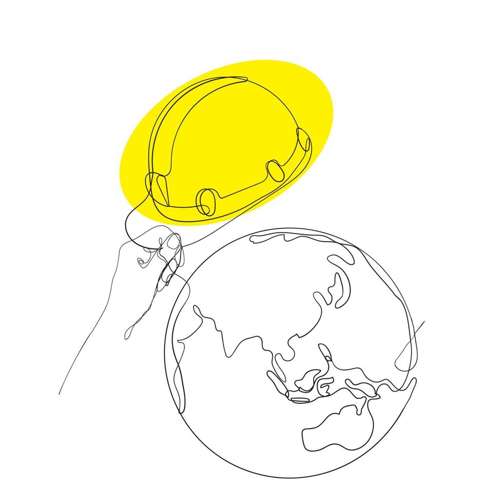 continuous line drawing earth globe with yellow helmet illustration icon vector