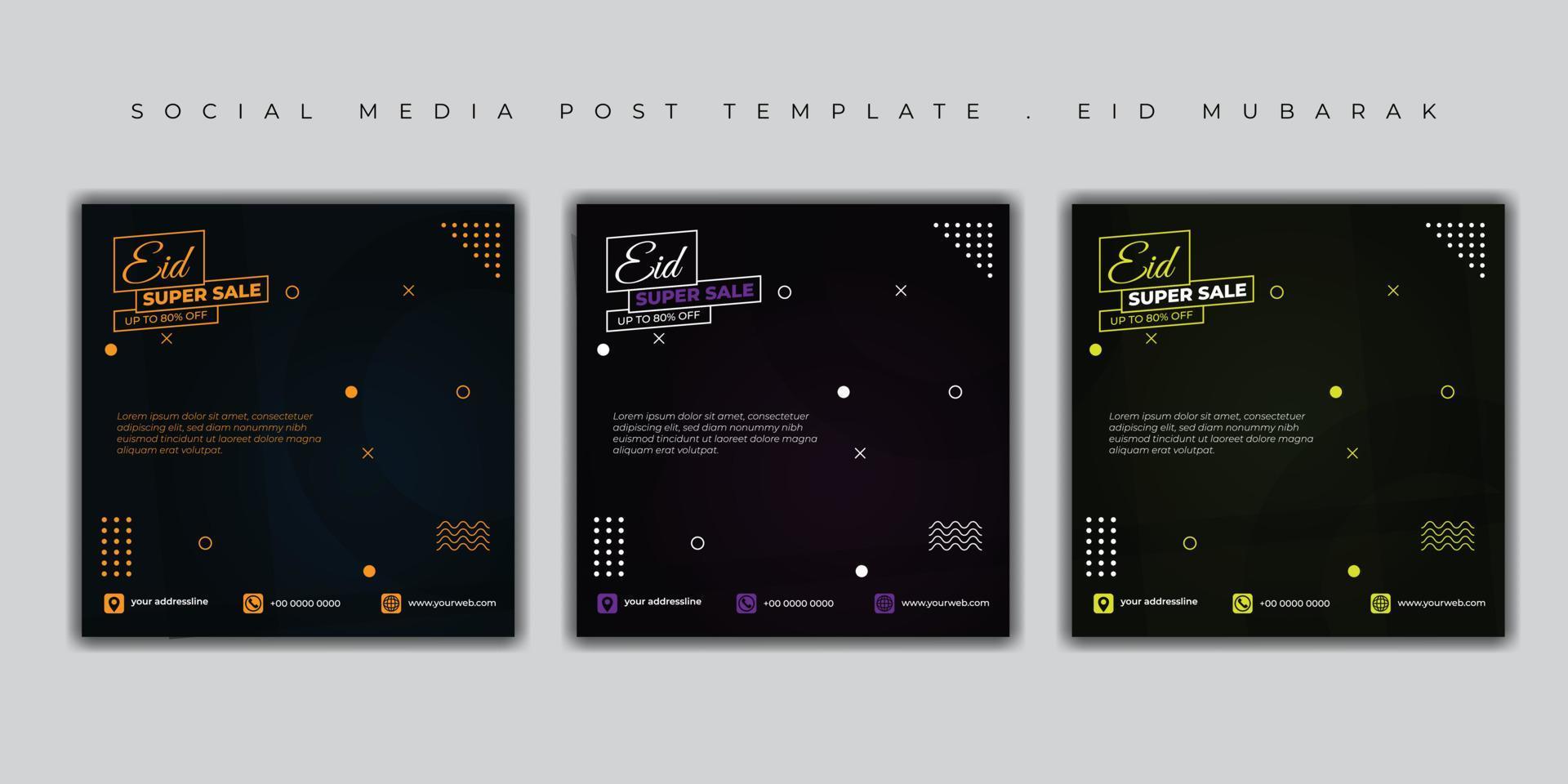 Eid Mubarak Social media post. set of social media post template with dark color design vector