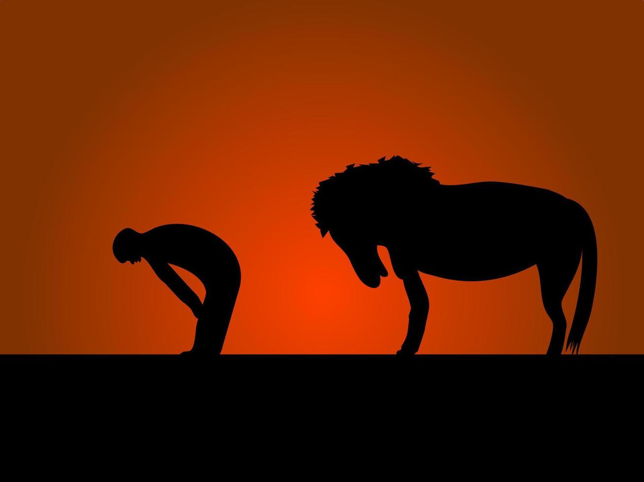 silhouette of a man praying with his horse vector