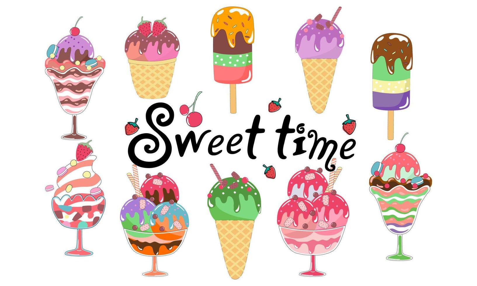 Set of vector illustrations colorful ice cream designed in doodle style