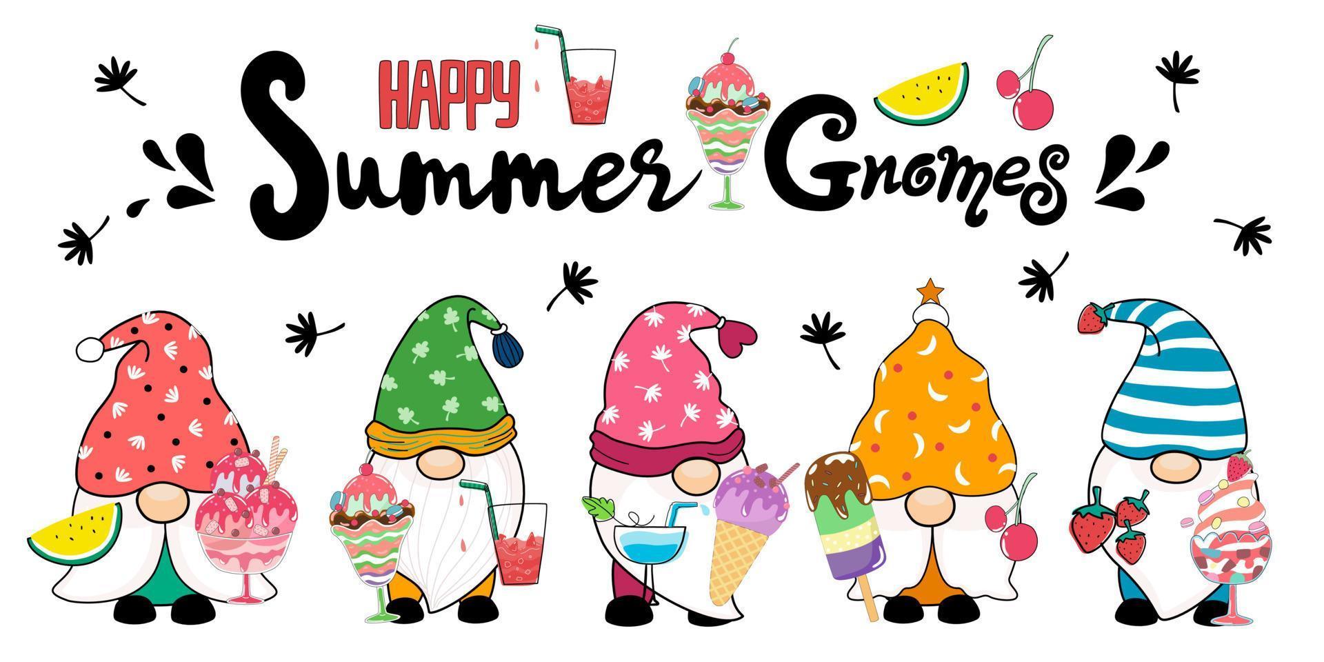 Gnome and sweet ice cream vector illustration designed in doodle style. In summer theme for decoration, stickers, shirt designs, art for kids and others.
