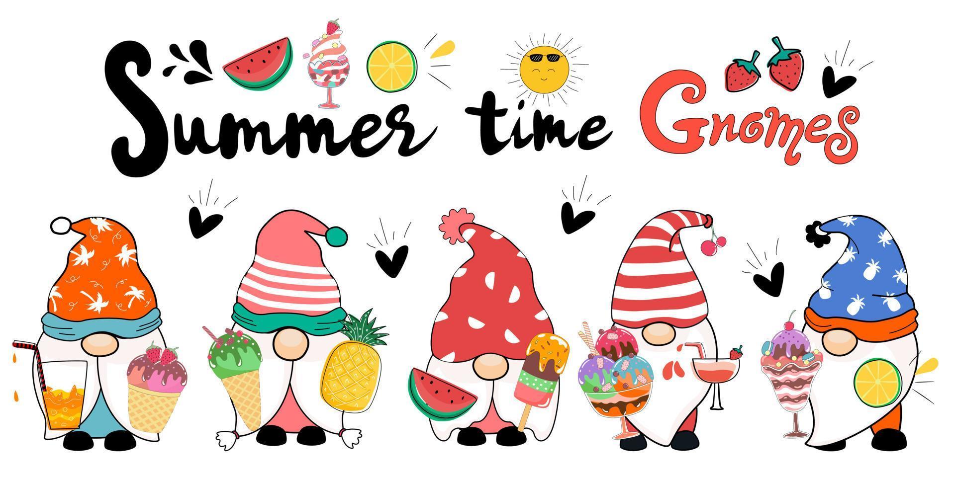 ilustración vectorial de gnomo y helado dulce diseñada en estilo garabato. en tema de verano para decoración, pegatinas, diseños de camisetas, arte para niños y otros. vector