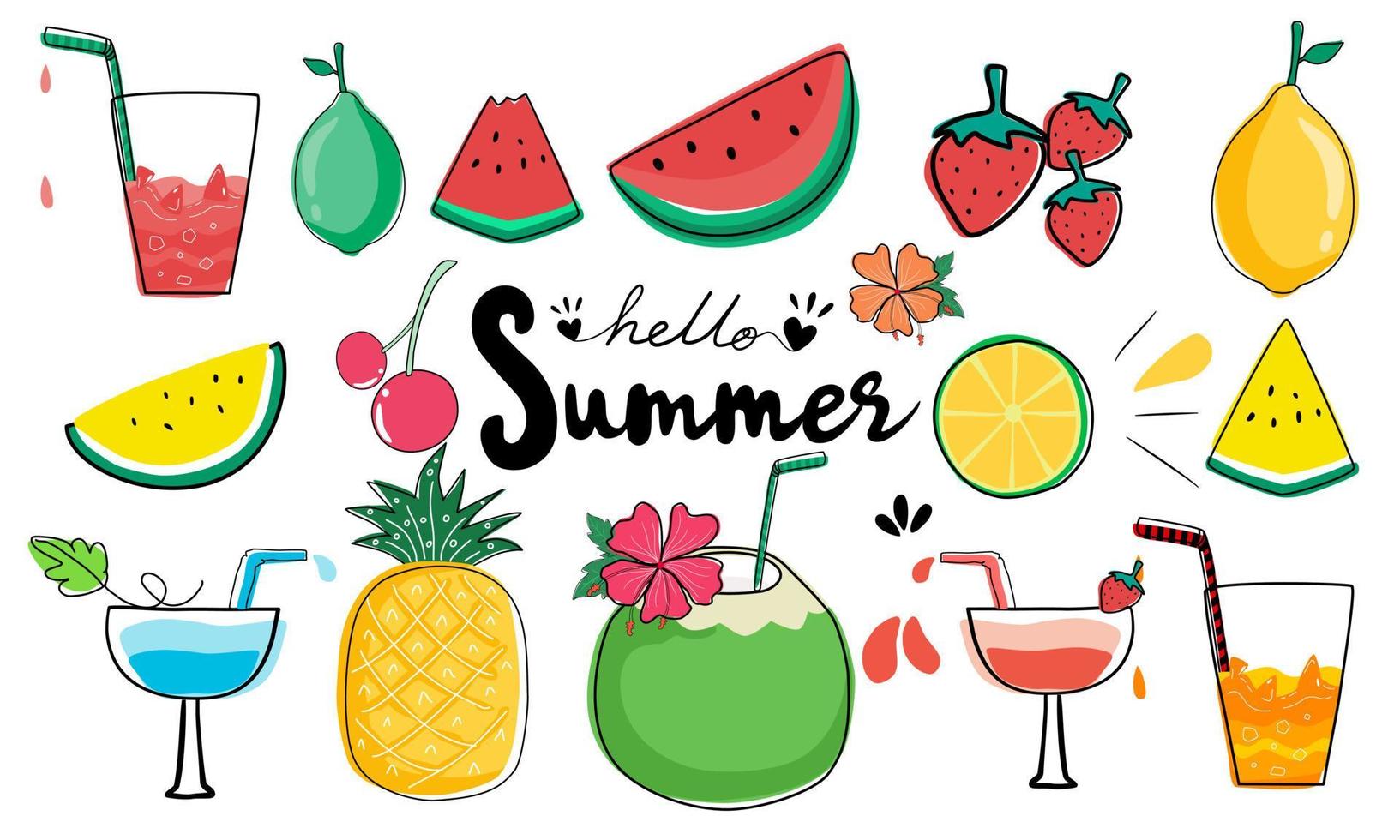 Set of vector illustrations Colorful fruit elements designed in doodle style. for summer theme