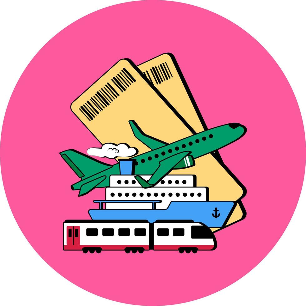 Illustrations on the topic of travel. Plane, ship, train, tickets. vector