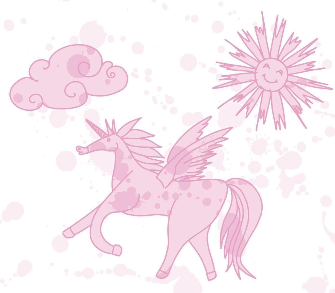 pink unicorn with wings and sun. sketch new vector