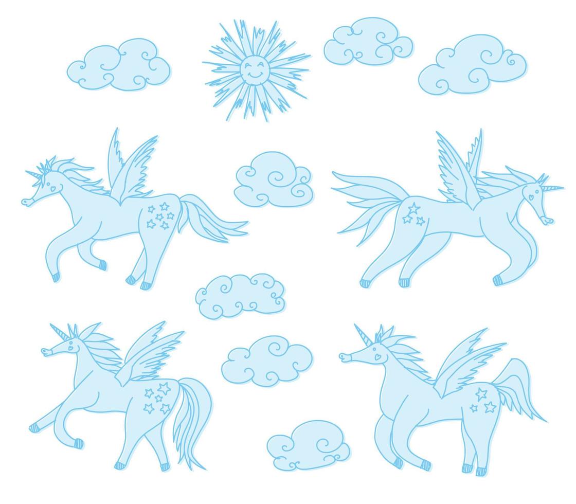 horses with wings pegasus and unicorns compilation vector