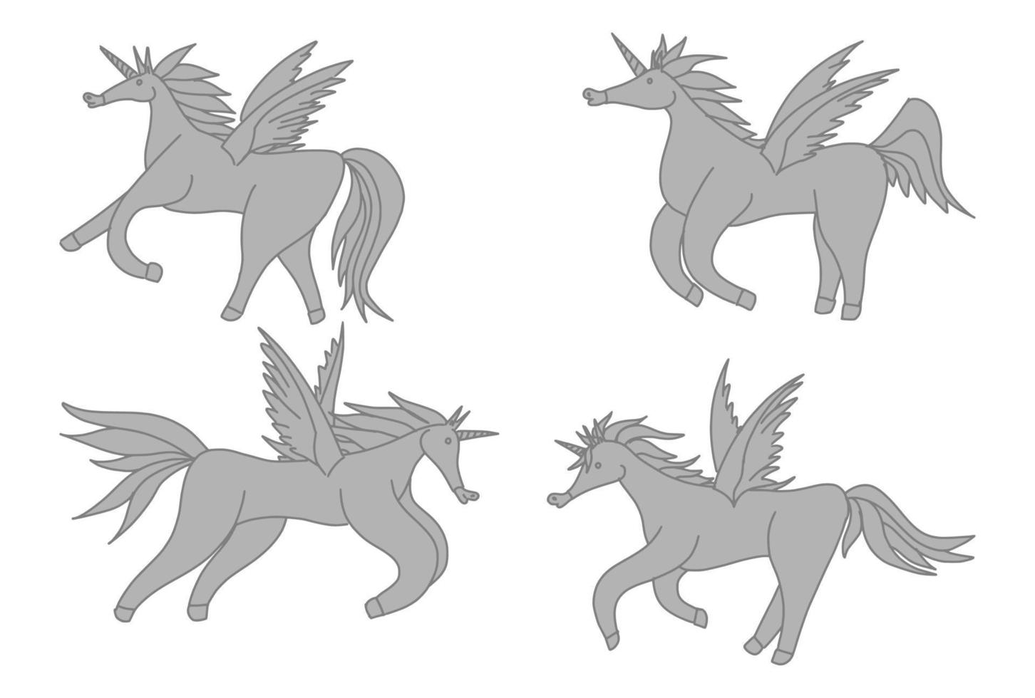 recopilacion unicornios animales miticos gris. bosquejo vector