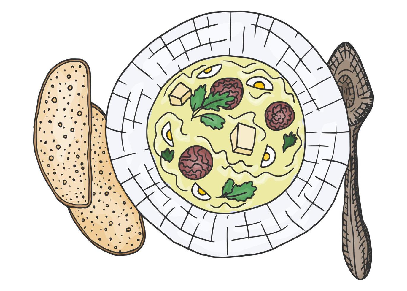 un plato de sopa de carne de albóndigas. garabato, bosquejo, vector