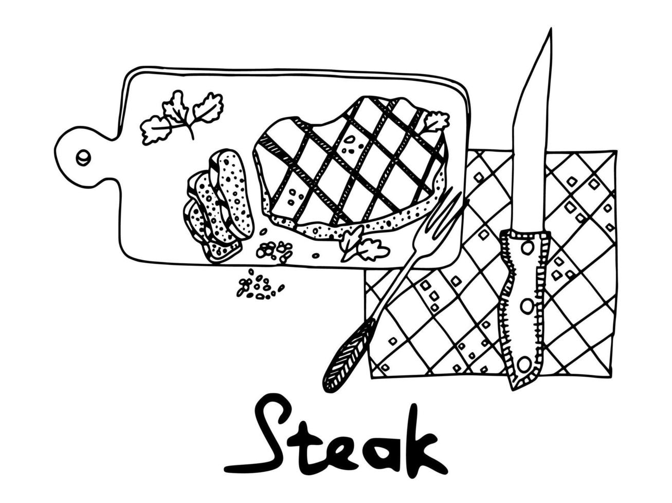 meat steak on wooden board doodle. illustration vector