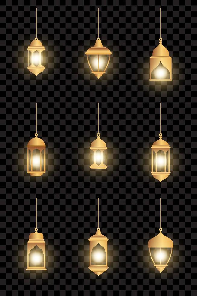 lámparas orientales. linternas árabes cuelgan de cadenas de oro. iluminación decorativa realista aislada. bandera vectorial de ramadán. linterna de ilustración y luz de lámpara musulmana vector