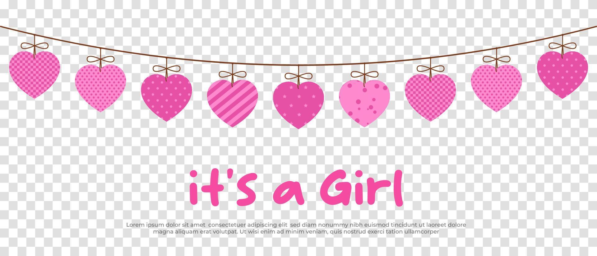 its a girl. Welcome greeting card for childbirth with hanging hearts. Vector illustration