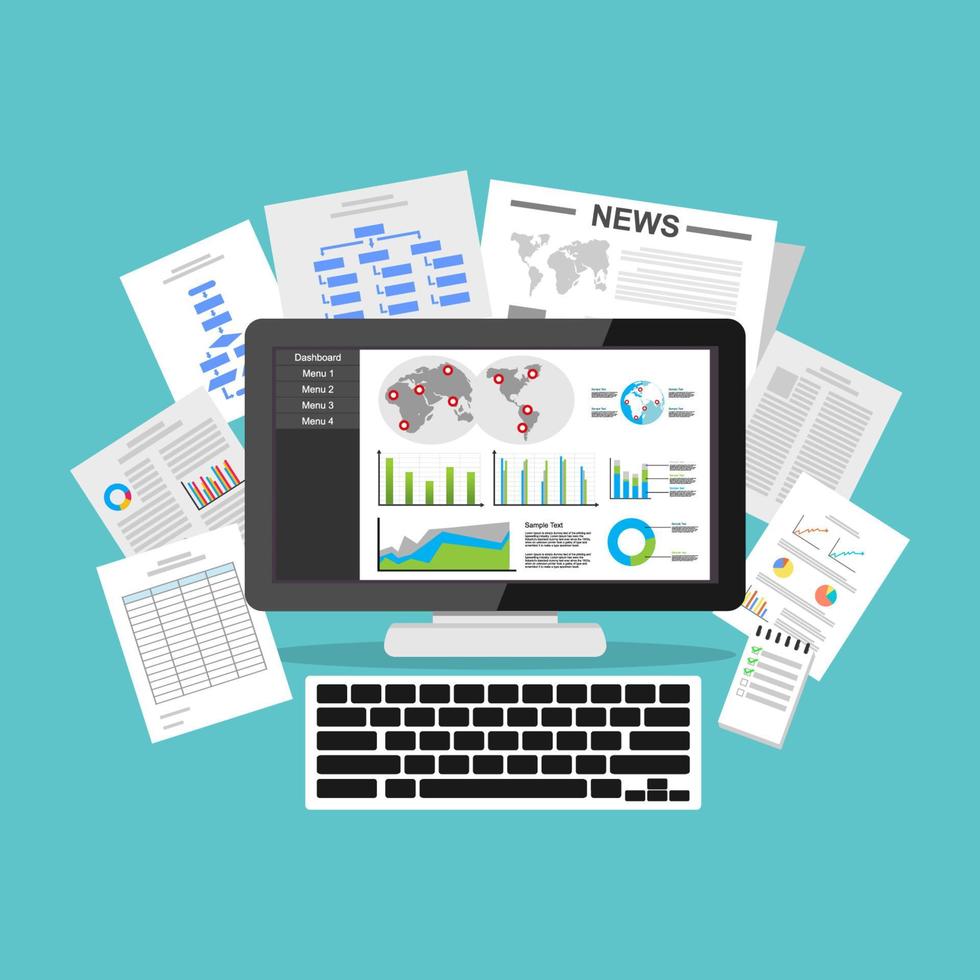 aplicación de panel de inteligencia de negocios. visualización de datos en la pantalla del escritorio. vector