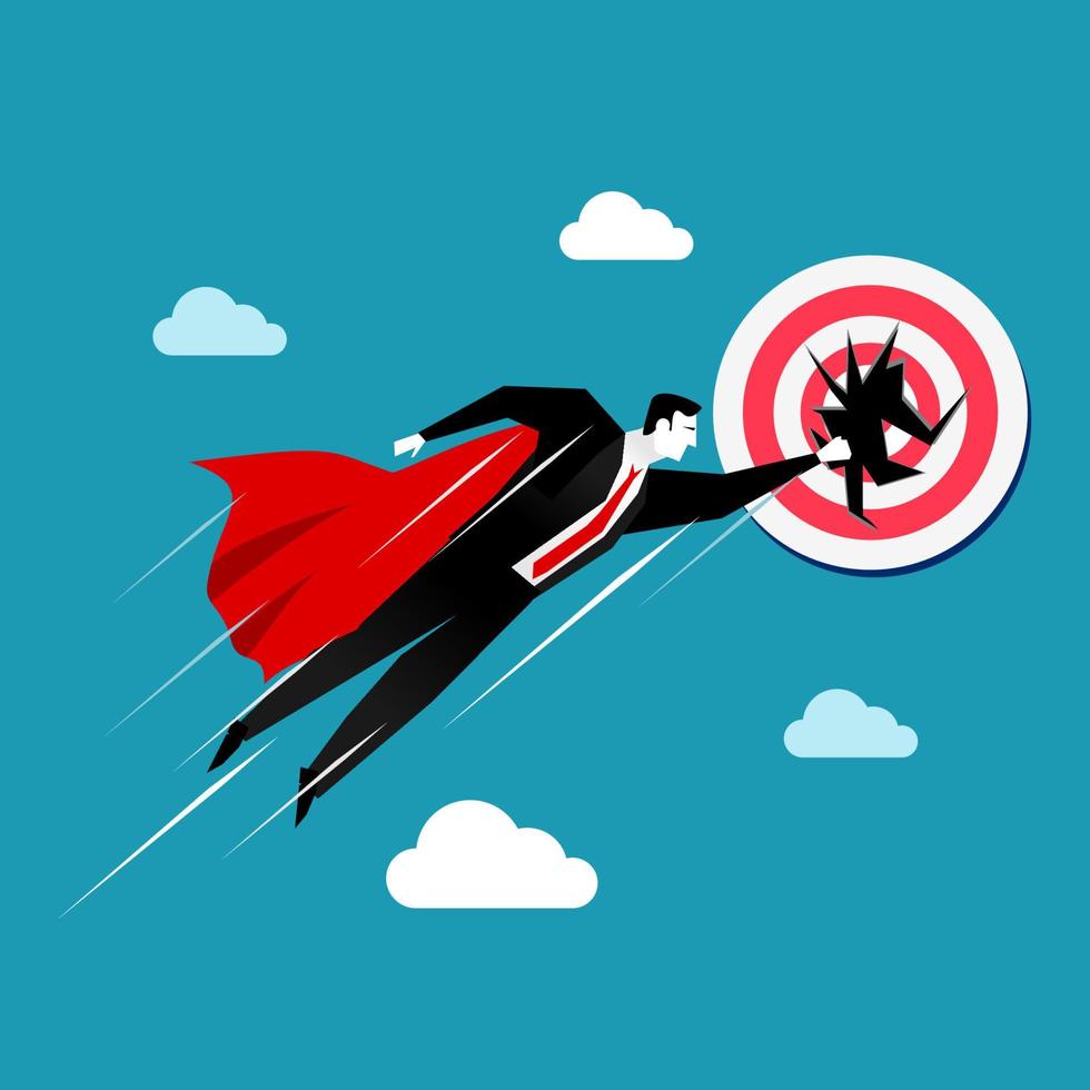 Flying businessman destroys the target. Business target concept. vector