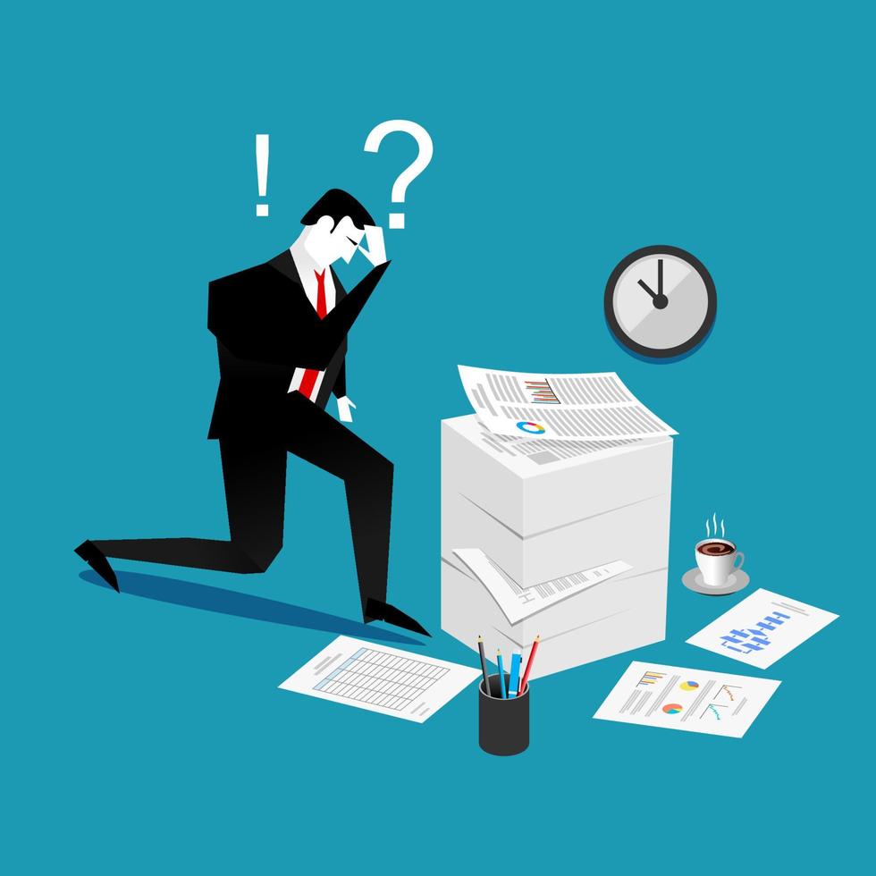 Confuse and busy businessman with a lot of work to do. Stress situation concept. vector