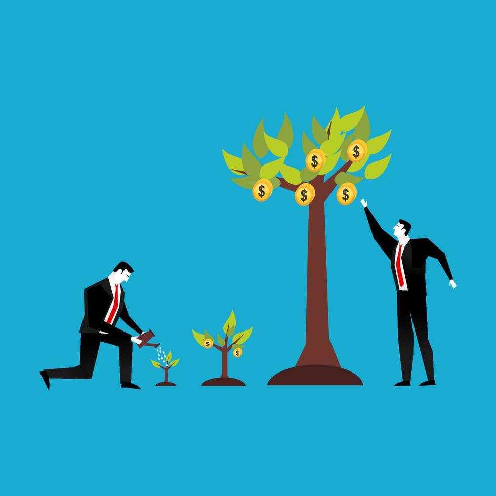 Investment concept. Business people watering and collecting profit plant. vector