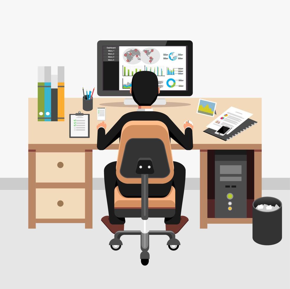 hombre de negocios monitoreando la aplicación del tablero de negocios en su lugar de trabajo. persona de negocios que trabaja en la ilustración del concepto de oficina. vector