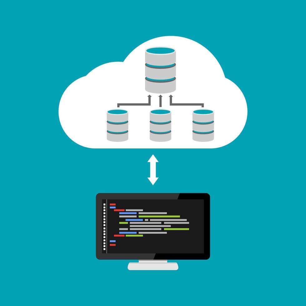 Database architecture programming. Database relation management. Cloud storage. vector