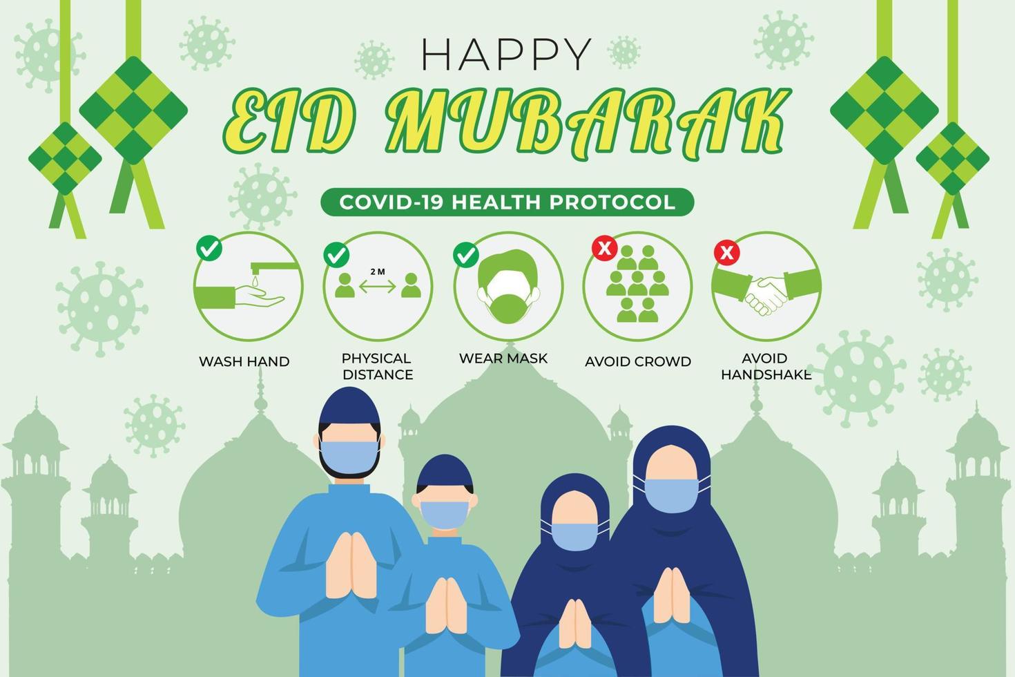 Happy Eid Mubarak with Covid-19 Health Protocol vector