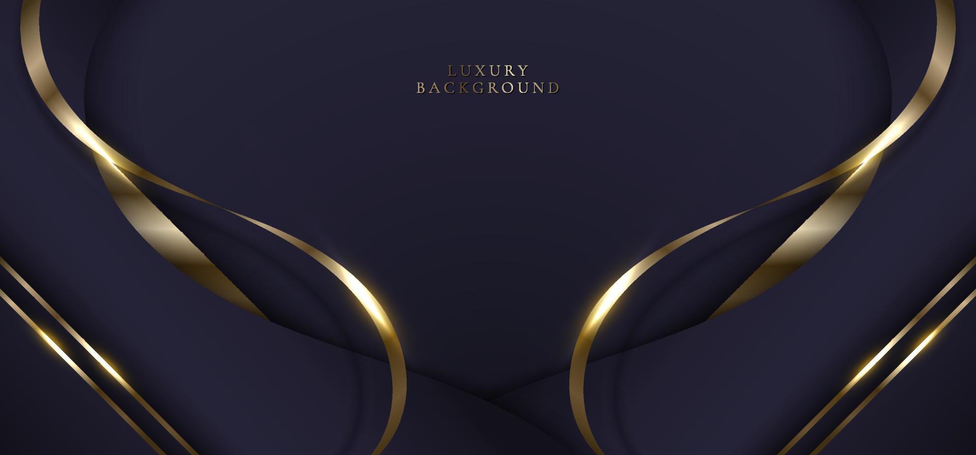 Elegant 3D abstract background dark purple curved shape with golden ribbon lines vector