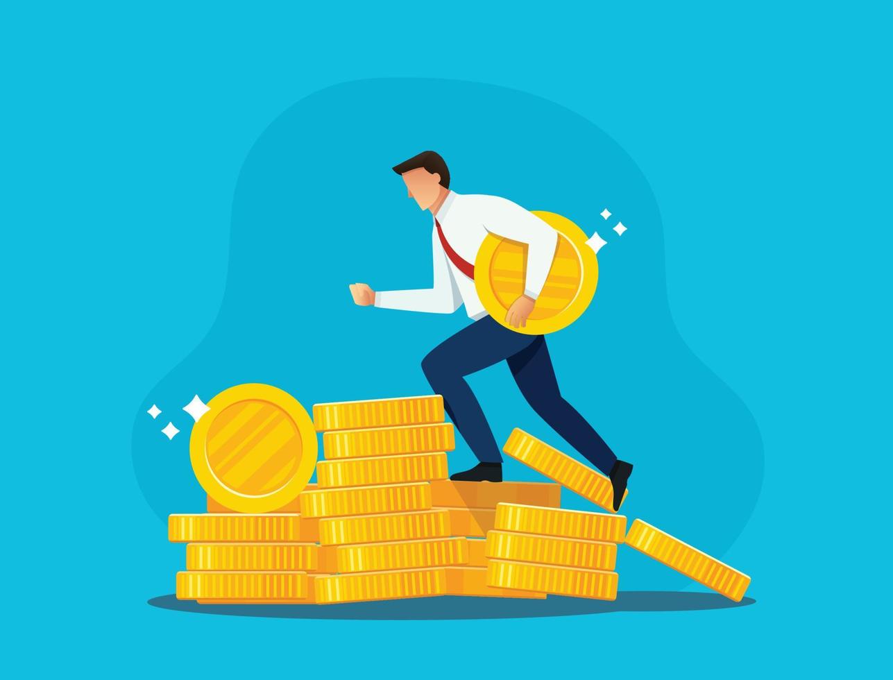 businessman running on stack of gold coins vector