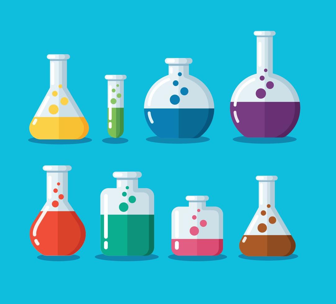 set of laboratory filled with liquid. chemistry flasks vector