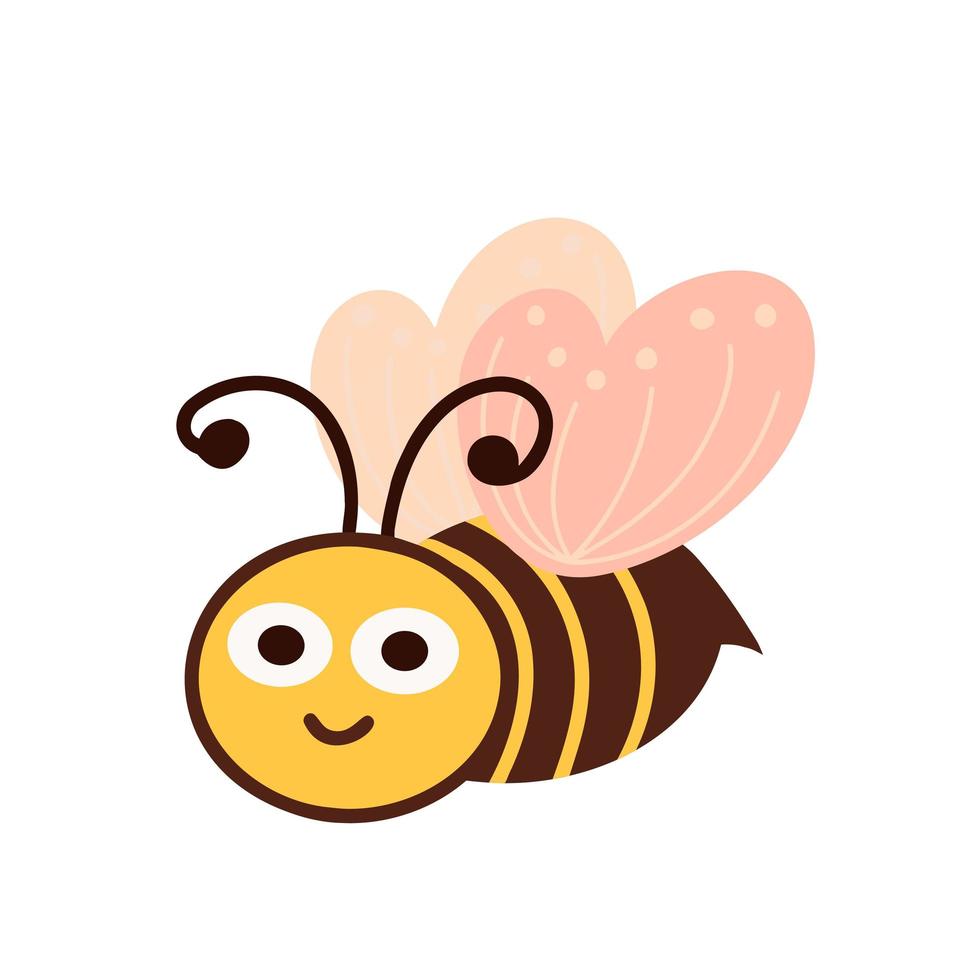 Cute Bee. Cartoon bee with big kind eyes. Insect character. Illustration for backgrounds, covers, packaging, greeting cards, posters, stickers and seasonal design. Isolated on white background. vector