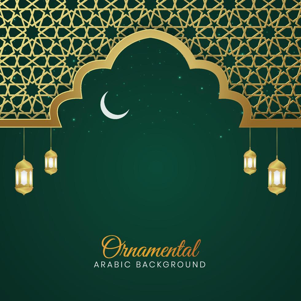Ornamental Islamic Arch Pattern Background With Arabic Style Lanterns and Crescent Moon vector