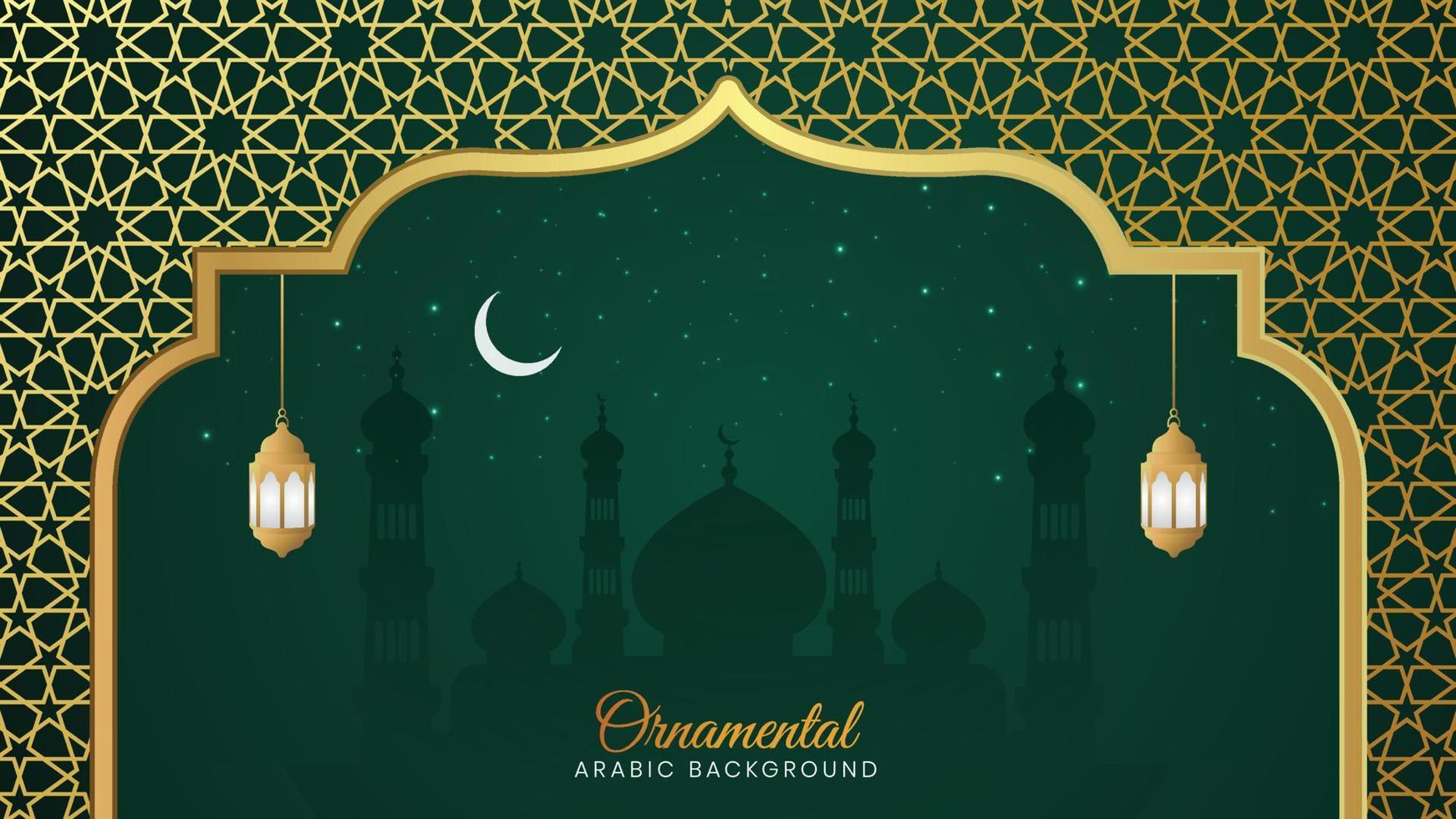 Ornamental Islamic Arch Pattern Background With Arabic Style Lanterns and Crescent Moon and Mosque vector