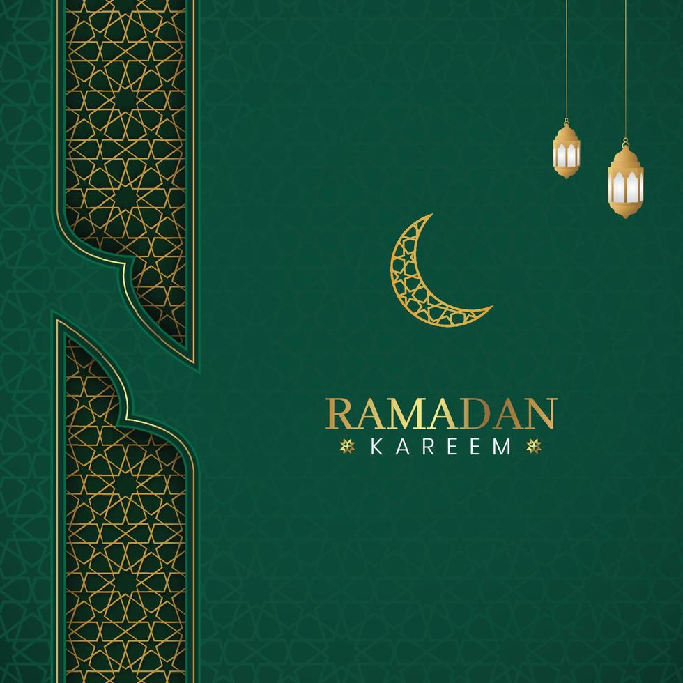 Ramadan Kareem, Islamic Arabic Green Luxury Background with Geometric pattern and Lanterns vector