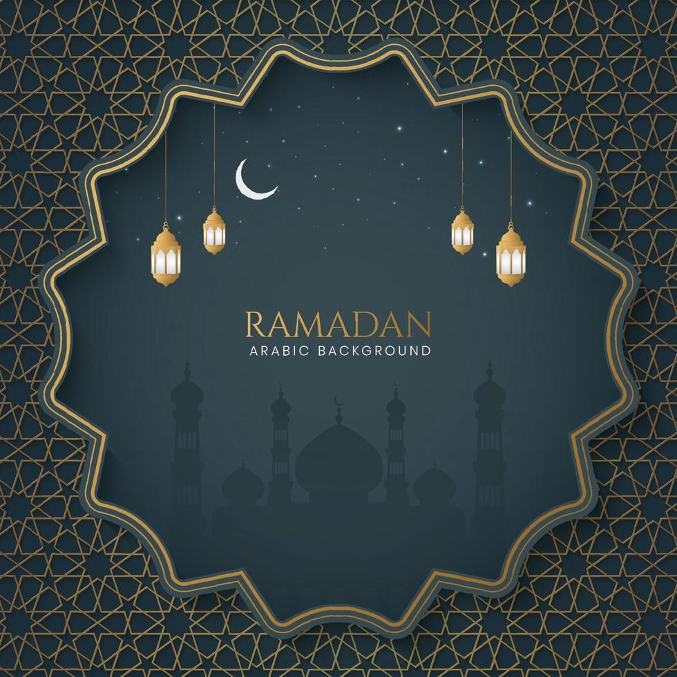 Ramadan Kareem Islamic Ornamental Background With Arabic Pattern and Mosque With Lanterns vector