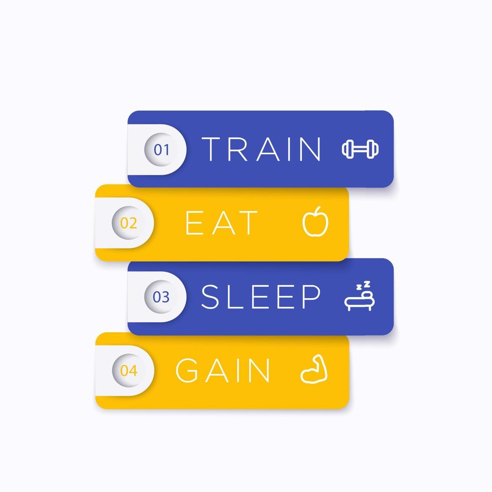 Train, eat, sleep, gain, vector labels with fitness icons, training principles