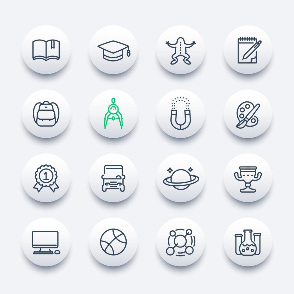 school and college icons set, linear style, education, computer class, astronomy, physics, biology, geometry, chemistry, arts, graduation vector