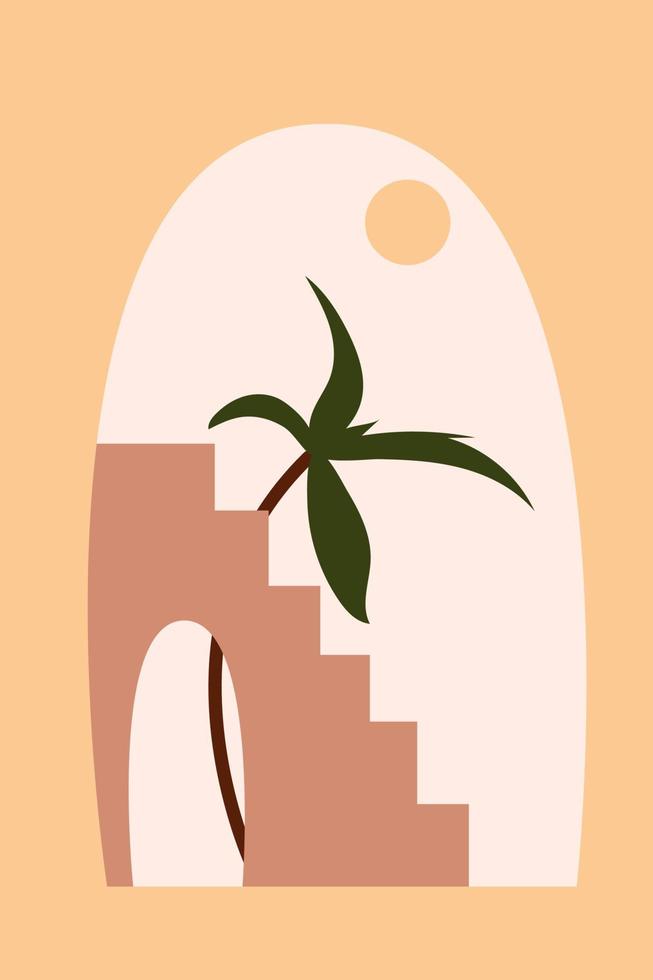 Fondo de patrón de escaleras abstractas. impresión de arte de arquitectura boho de mediados de siglo, estilo moderno de decoración de pared. ilustración plana vectorial vector