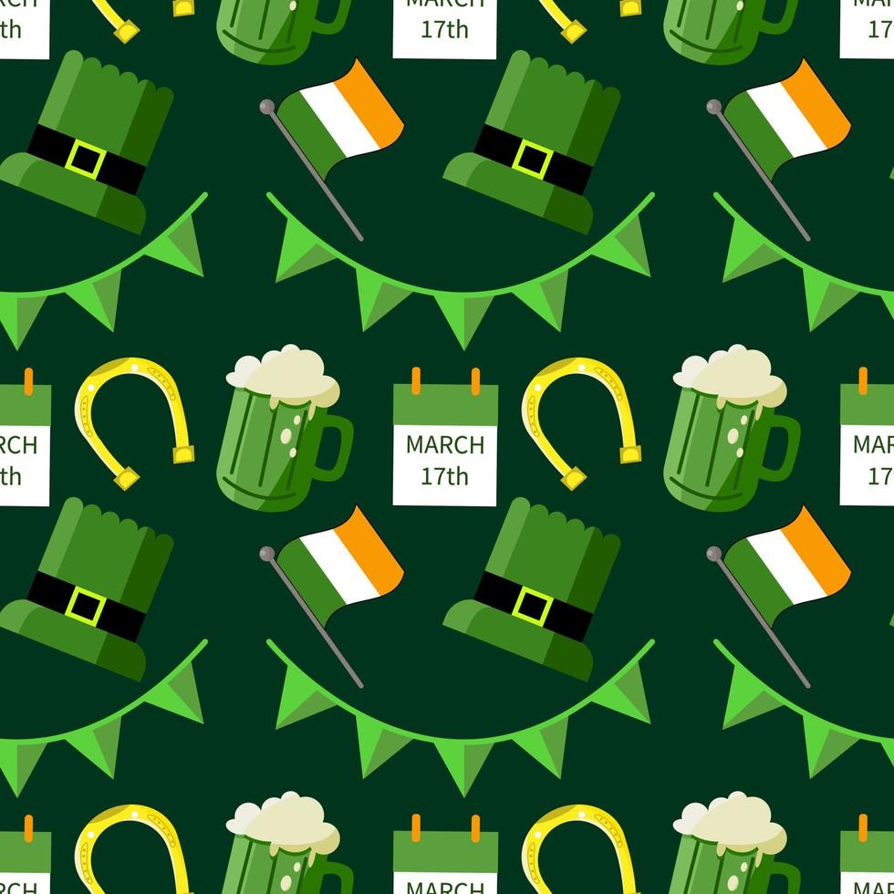 patrón sin costuras de st. el día de patrick con sombrero de duende, olla de oro, botas de duende y elementos de hoja de trébol sobre fondo verde. perfecto para papel tapiz, tarjetas de felicitación navideñas, papel de regalo vector