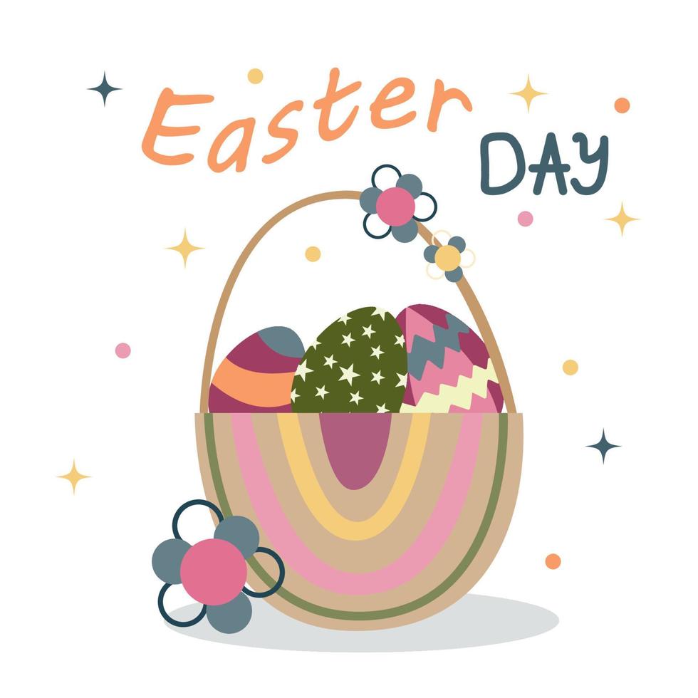 Happy Easter day greeting card with an cute basket with decorated eggs and text. Cartoon vector illustration