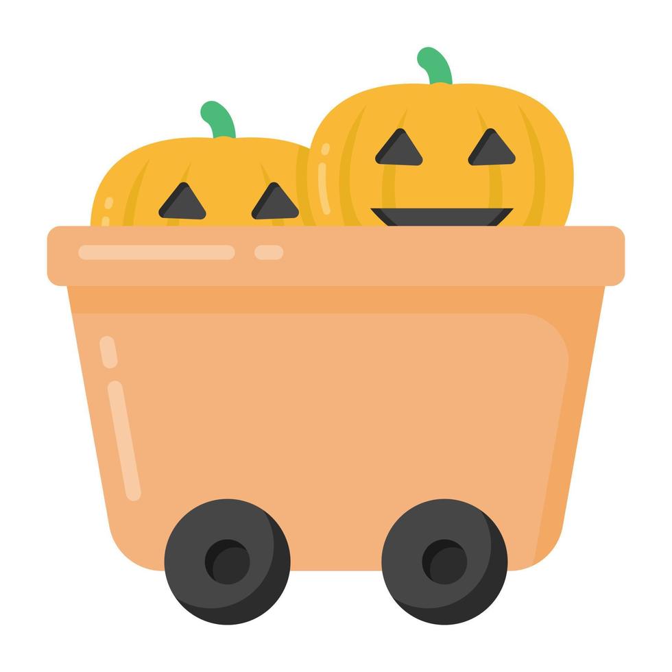 Pumpkins inside cart, flat icon of pumpkin cart vector