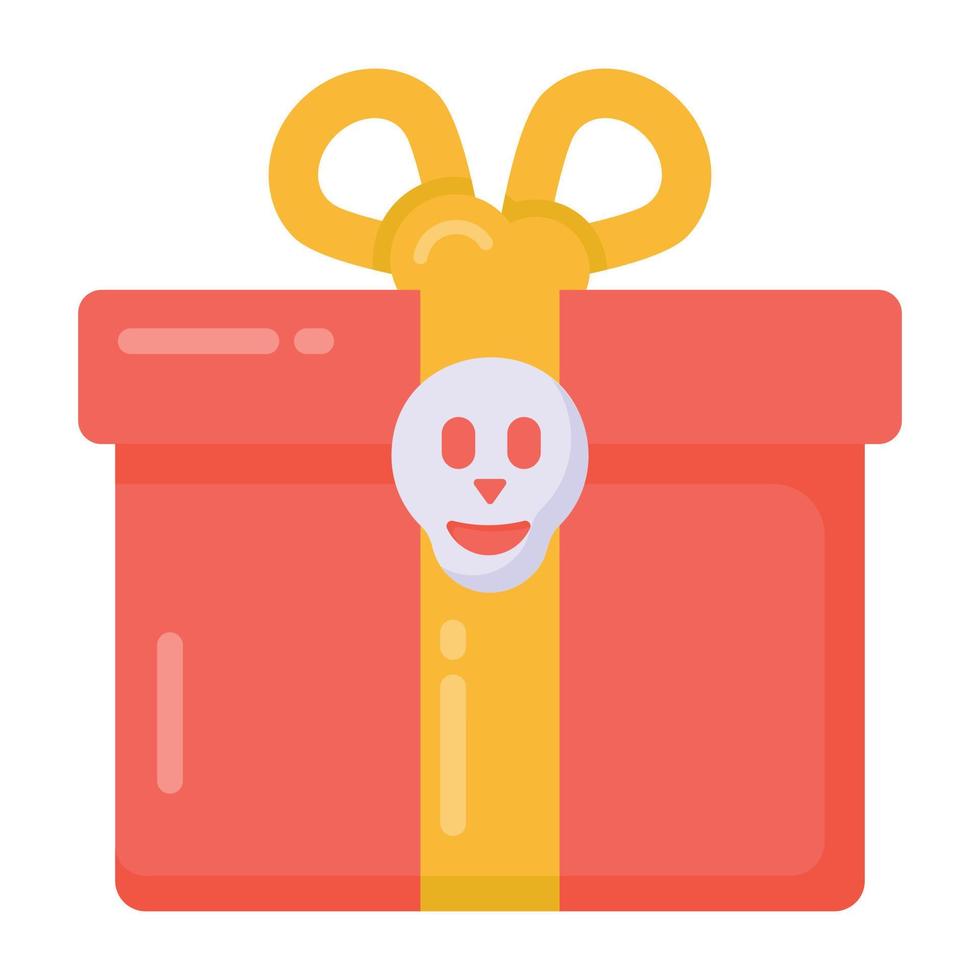 Scary skull on wrapped box depicting a halloween gift icon in flat style vector