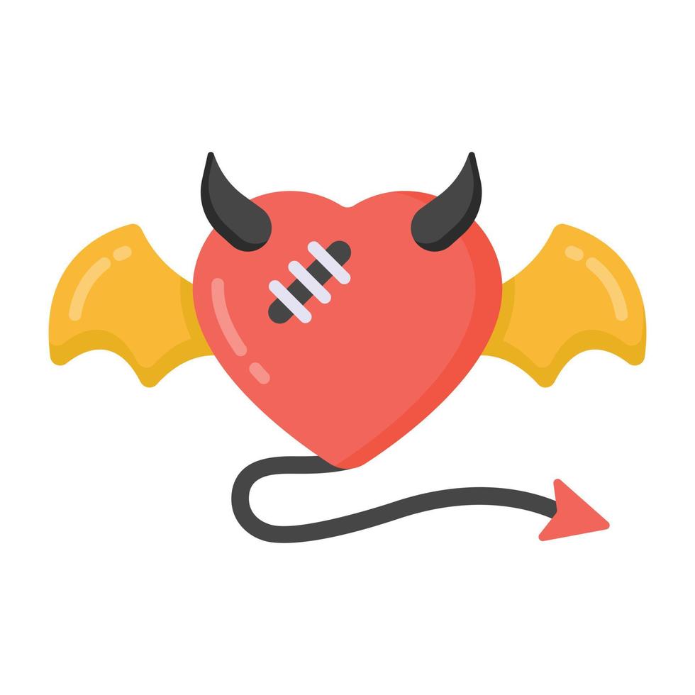 icono plano del corazón del diablo, corazón con cuernos vector