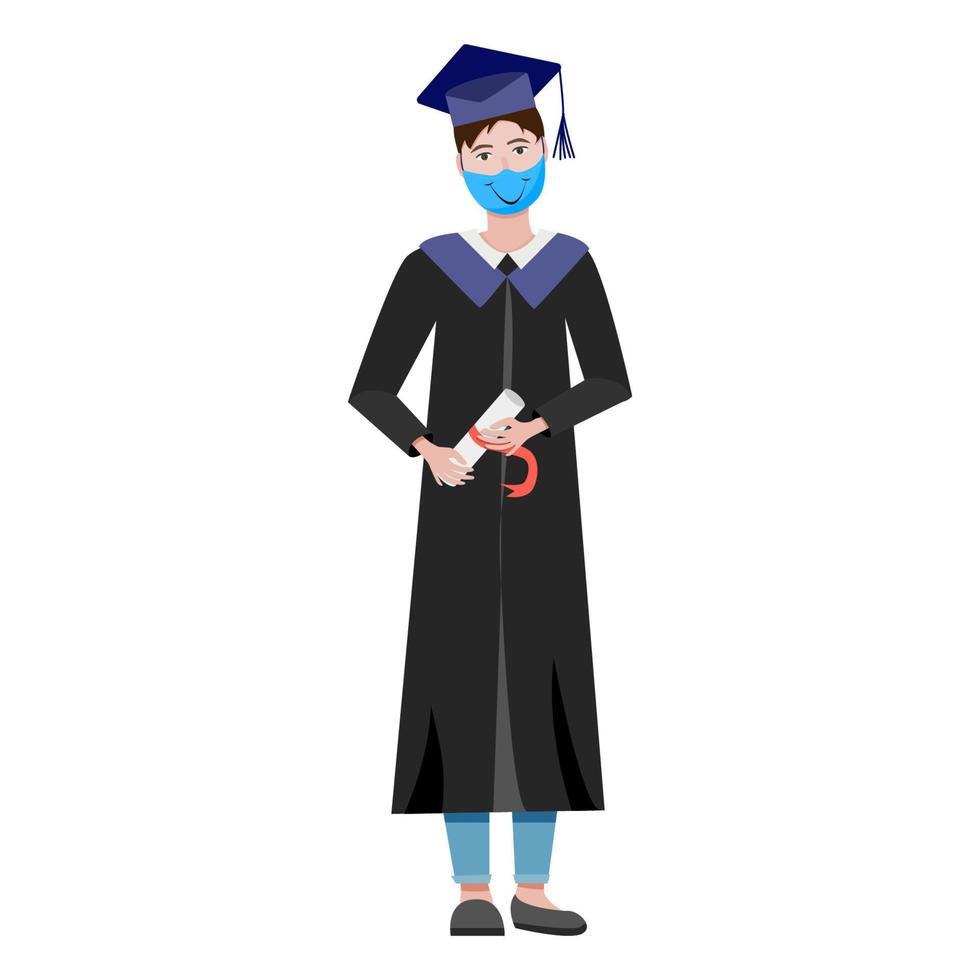 joven graduado masculino en vestido negro y sombrero cuadrado académico. estudiante universitario con máscara de protección médica. ilustración plana vectorial vector