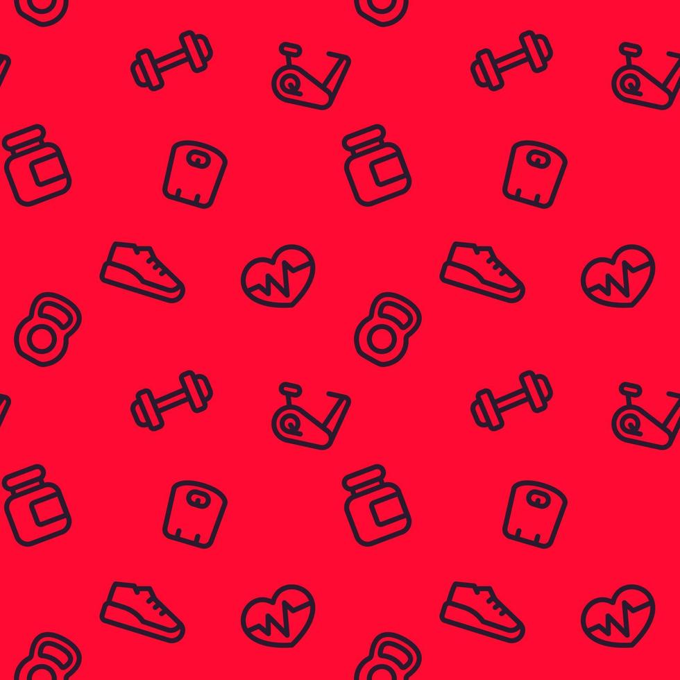 fitness pattern, seamless red background with linear gym icons vector